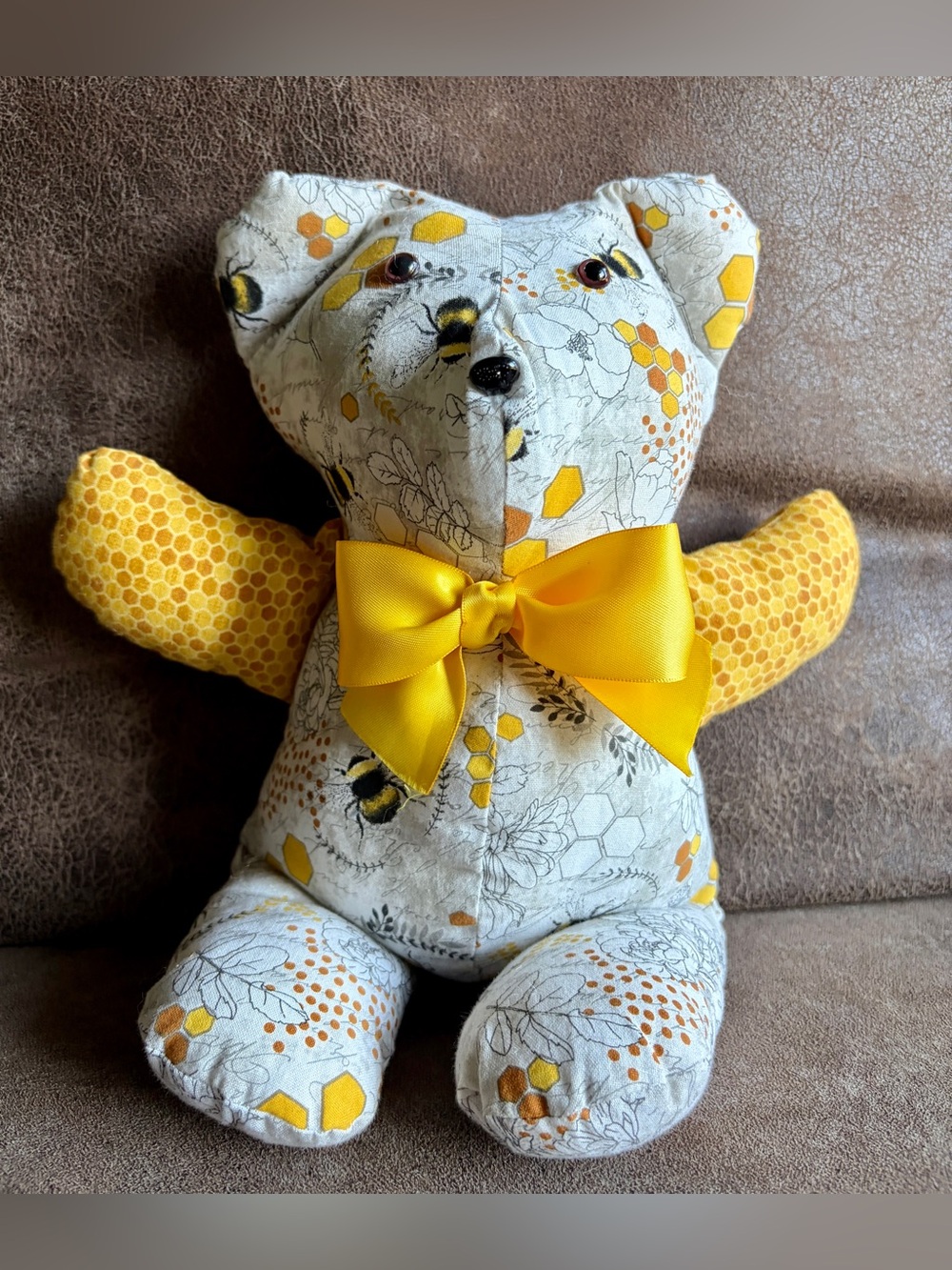 Handmade Patchwork Teddy Bear Plush 12" Honey Bee Honeycomb Baby Nursery Gift